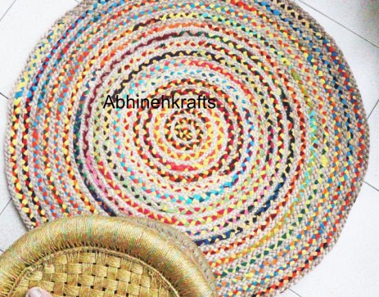 Rug/Mat/Dhurrie - Bohemian Colorful Cotton and Jute Area Round Chindi Rug/ Floor Mat/ Living Room Carpet/ Meditation Mat - Vintage, Boho