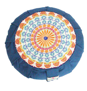 Embroidered Round Zafu Yoga Pillow |Zipped Cover |Washable| Portable - Steel Blue