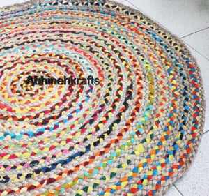 Rug/Mat/Dhurrie - Bohemian Colorful Cotton and Jute Area Round Chindi Rug/ Floor Mat/ Living Room Carpet/ Meditation Mat - Vintage, Boho