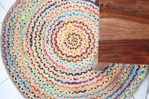 Rug/Mat/Dhurrie - Bohemian Colorful Cotton and Jute Area Round Chindi Rug/ Floor Mat/ Living Room Carpet/ Meditation Mat - Vintage, Boho