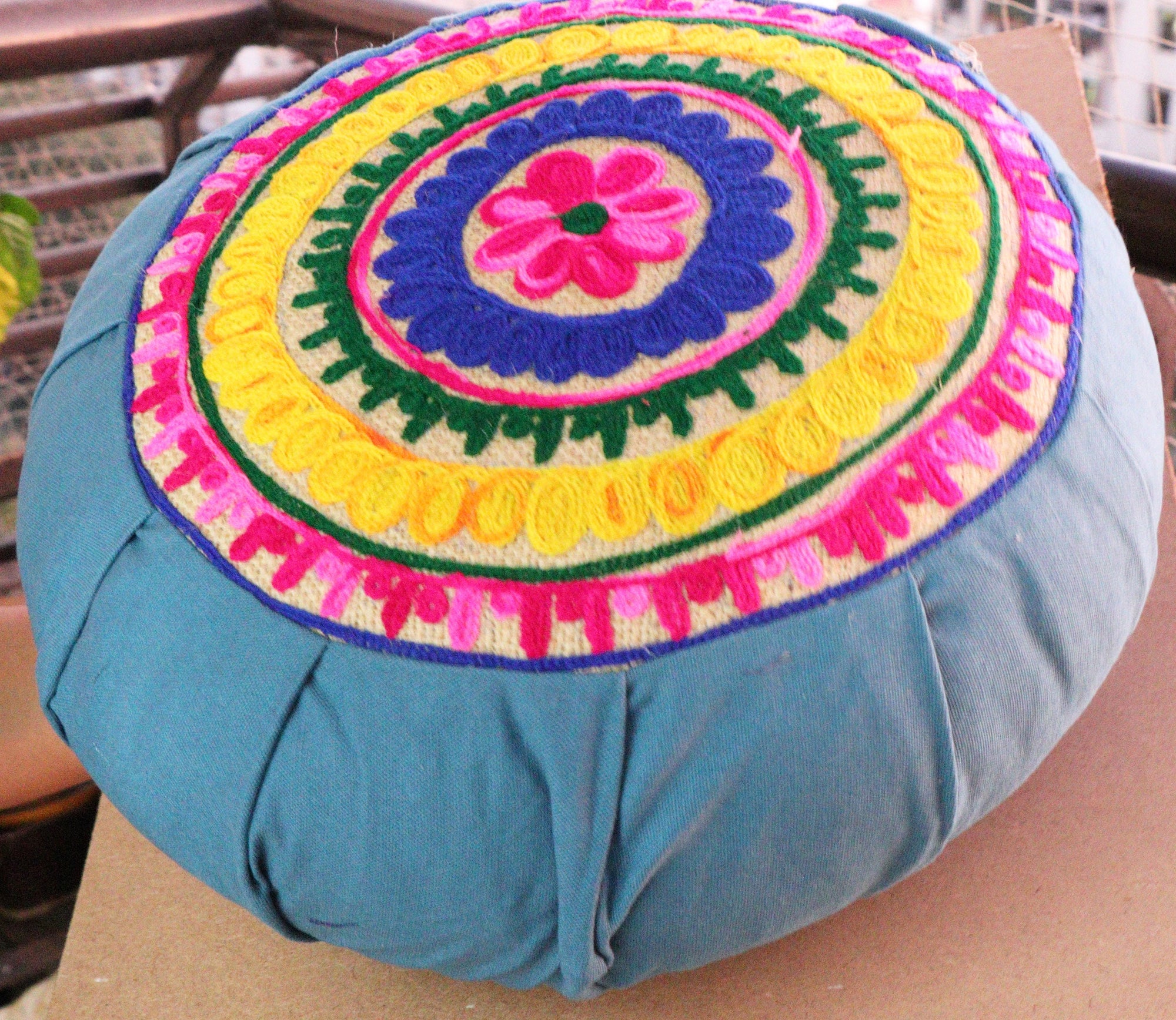 Embroidered Round Zafu Yoga & Meditation Pillow, Couch Cushion