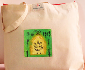 Organic Cotton Tote Bag with Handmade Tribal Art/ Folk Art