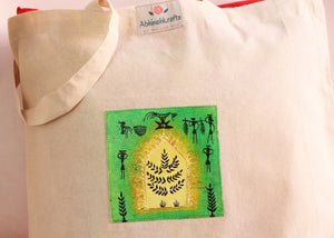 Organic Cotton Tote Bag with Handmade Tribal Art/ Folk Art