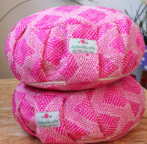 Yoga Meditation Cushion | Handwoven Handmade Round Zafu Pillow  |Zipped Cover |Washable| Portable - Fuchsia Love - Filling Options Available