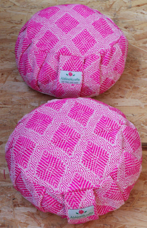 Yoga Meditation Cushion | Handwoven Handmade Round Zafu Pillow  |Zipped Cover |Washable| Portable - Fuchsia Love - Filling Options Available