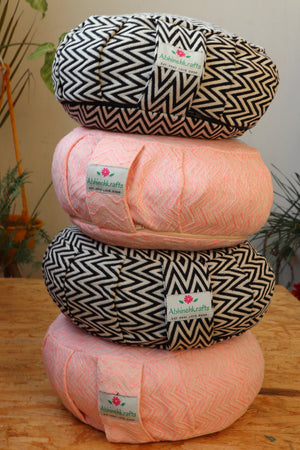 Yoga Meditation Cushion | Handwoven Handmade Round Zafu Pillow  |Zipped Cover |Washable| Portable - Black Aztec - Filling Options Available