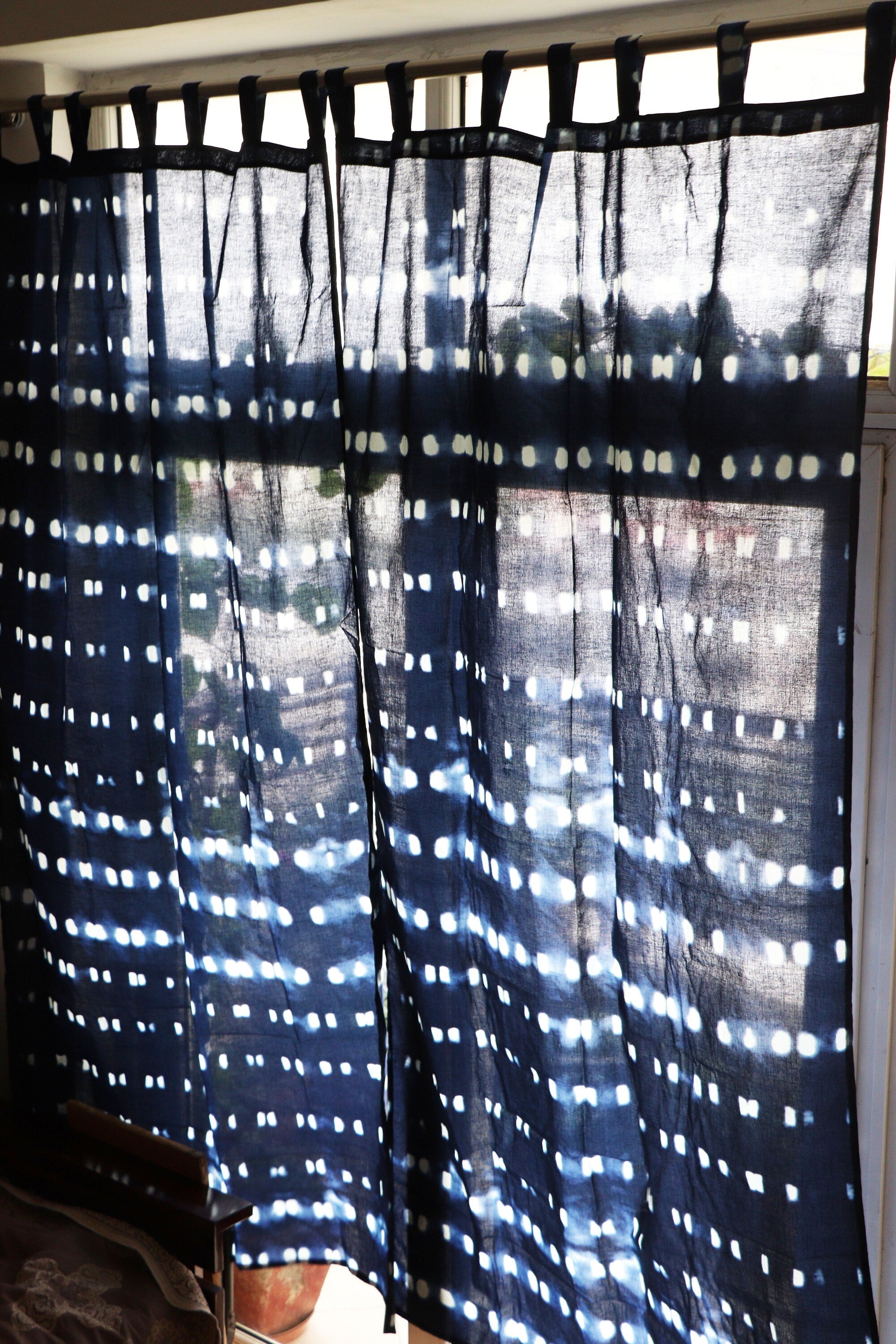 Shibori Tie-Dye Mulmul Muslin Cotton  Curtain/Room Divider/Sheer/Drape/Sham with Loops - Into the Blue - Hope