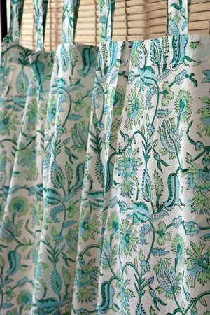 Handblock Print Mulmul (Muslin) Curtain/Room Divider/Sheer/Drape with Loops - La La Land - Set of Two Curtains