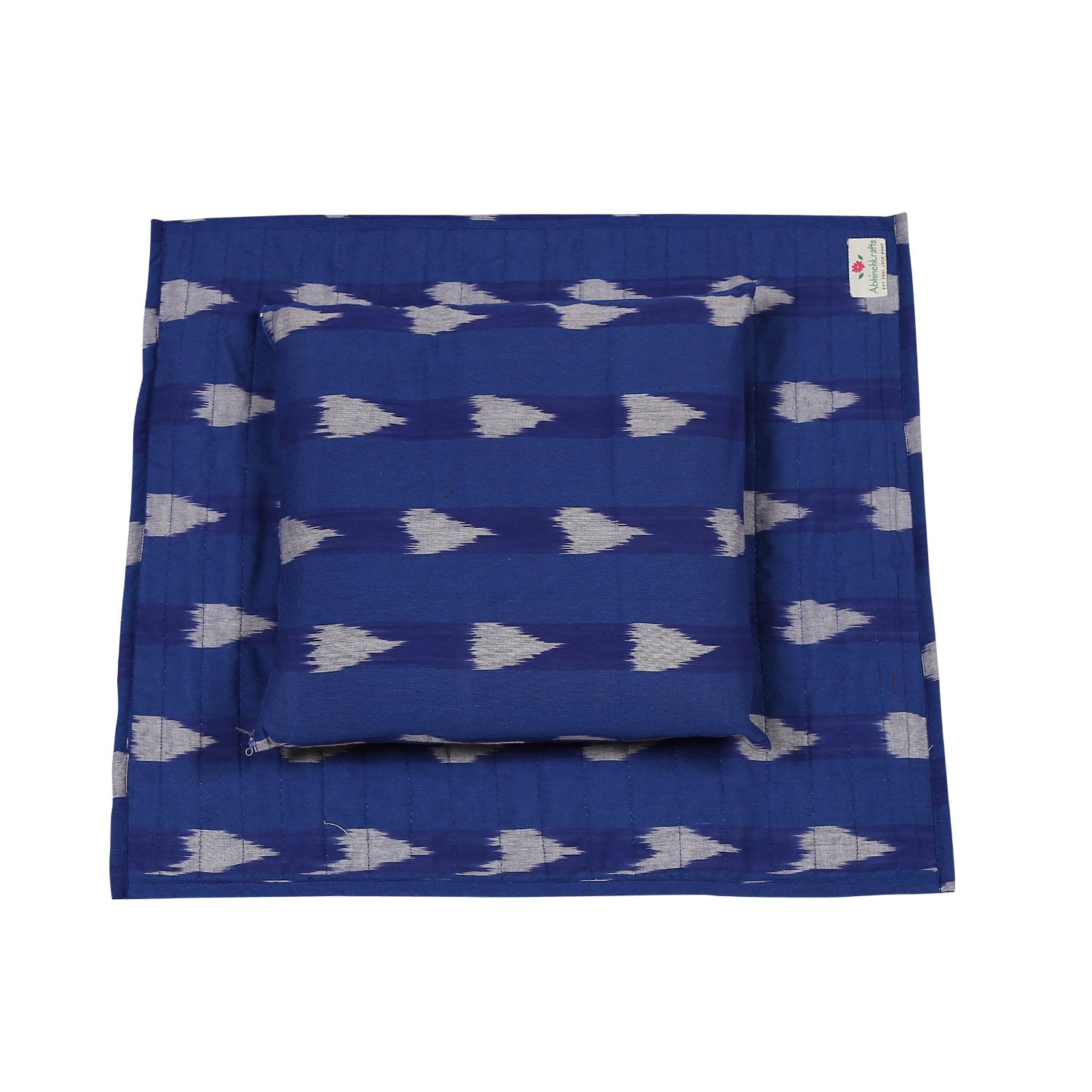 Meditation & Prayer Mat with Matching Cushion/Pillow/Seat - Handwoven Rug with Ikkat Print - Sea Side Blue