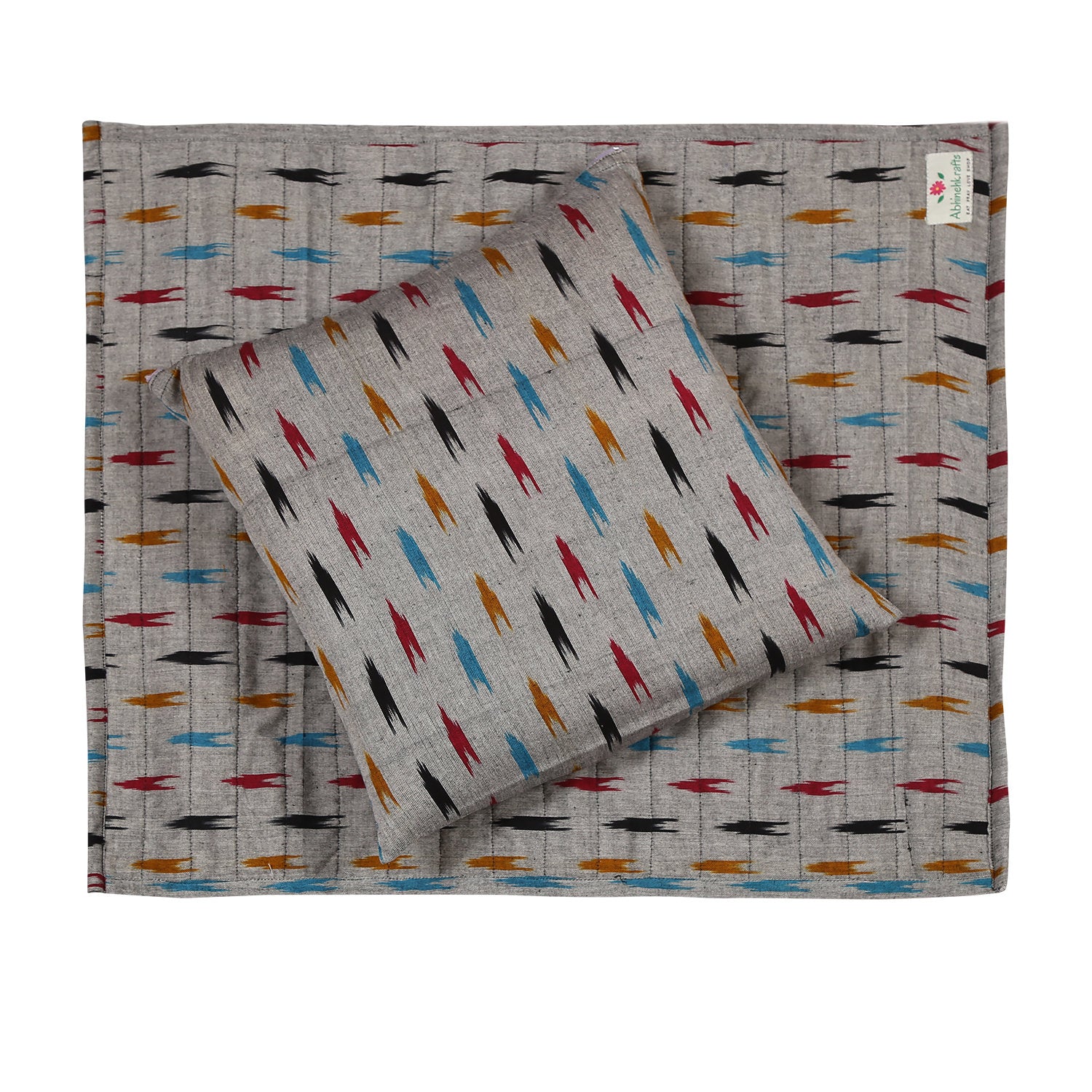 Meditation & Prayer Mat with Matching Cushion/Pillow/Seat - Handwoven Rug with Ikkat Print - Silver Coin