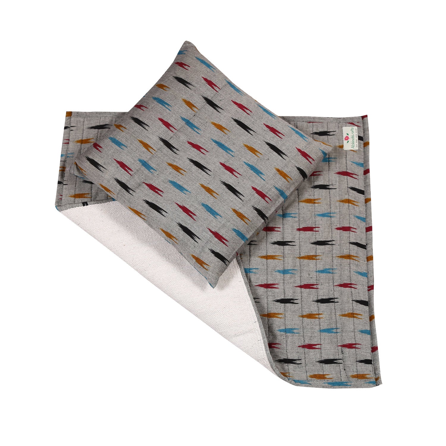 Meditation & Prayer Mat with Matching Cushion/Pillow/Seat - Handwoven Rug with Ikkat Print - Silver Coin