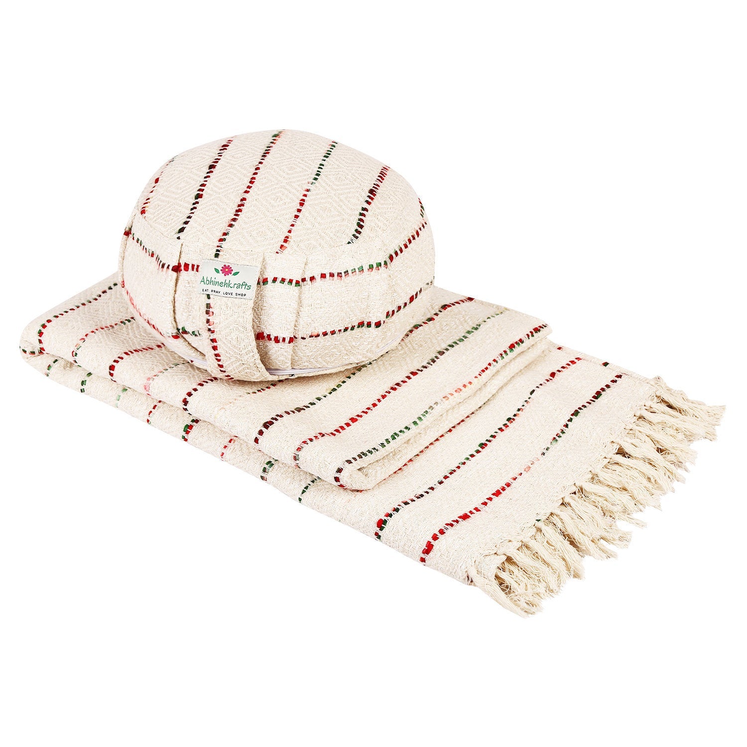 Meditation Gift Set - Handwoven Organic Cotton Blanket and a Meditation Cushion - Design: Morocco - For Yogi/Yogini/Meditation Yoga Gift