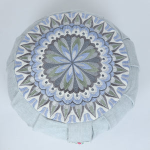 Embroidered Round Zafu Yoga Pillow |Zipped Cover |Washable| Portable - Narmada (Grey on Grey) - Size and Filling Options