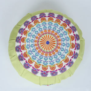 Embroidered Round Zafu Yoga Pillow |Zipped Cover |Washable| Portable - Saraswati (Orange on Olive) - Size and Filling Options