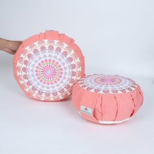 Embroidered Round Zafu Yoga Pillow |Zipped Cover |Washable| Portable - Alaknanda (Pink on PeachPink) - Size and Filling Options