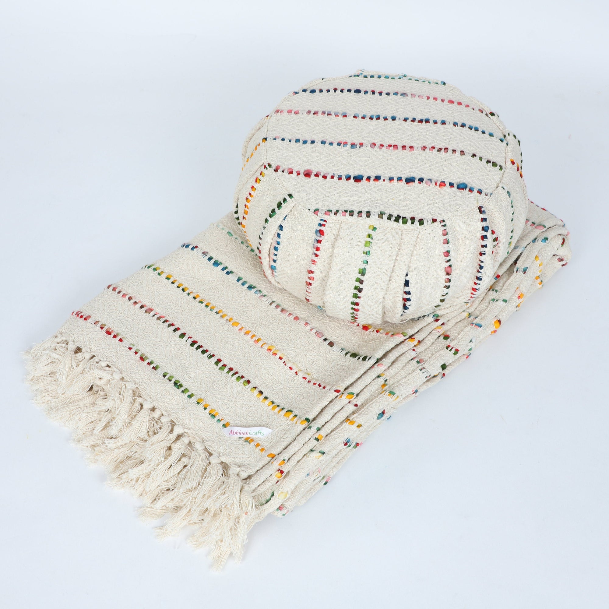Meditation Gift Set - Handwoven Organic Cotton Blanket and a Meditation Cushion - Design: Morocco - For Yogi/Yogini/Meditation Yoga Gift