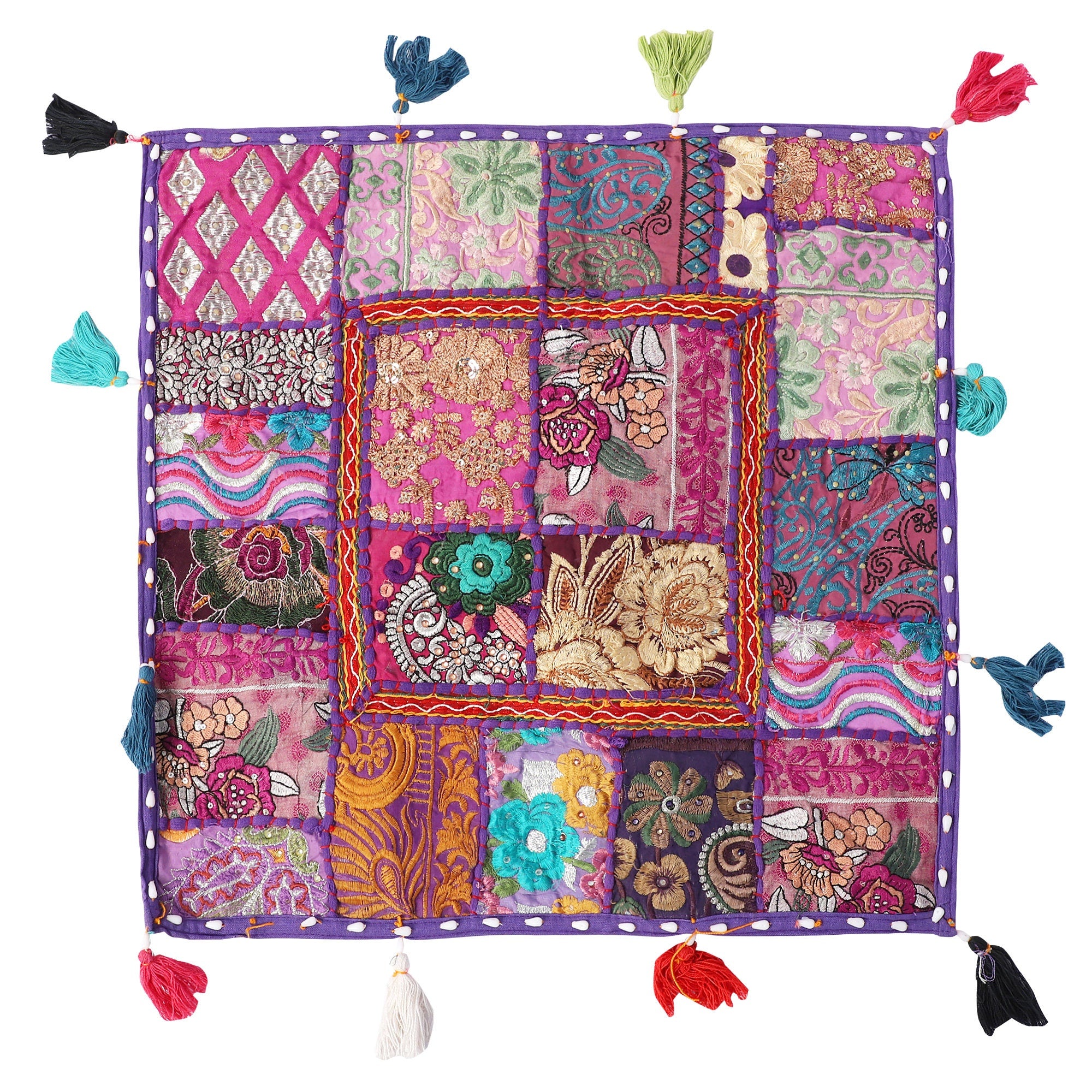 Embroidered Square Cushion Cover, Vintage Wall Hanging - Purple