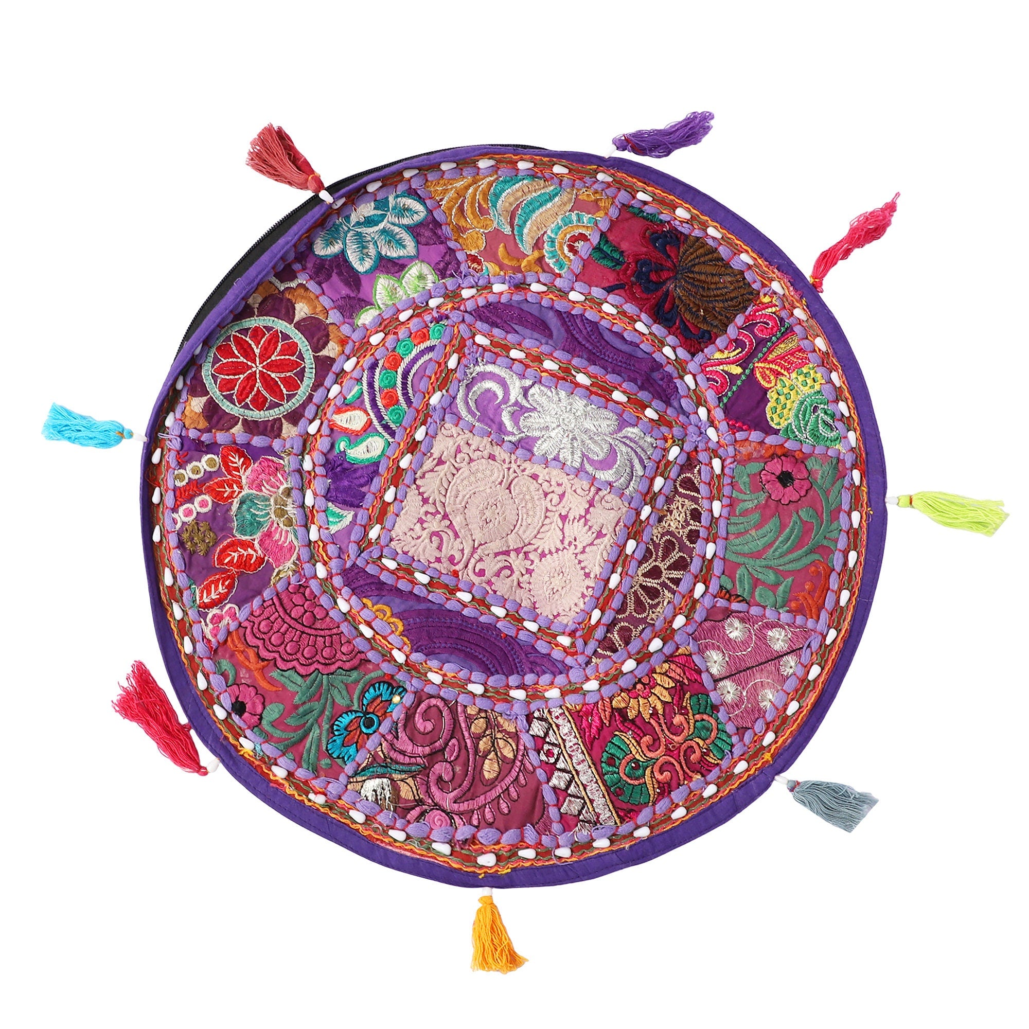 Embroidered Round Meditation Cushion Cover, Vintage Wall Hanging - Purple