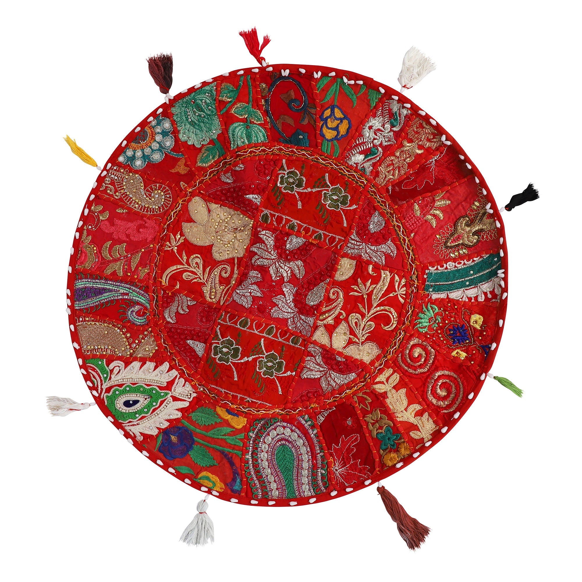 Embroidered Round Cushion Cover, Vintage Wall Hanging -  Red