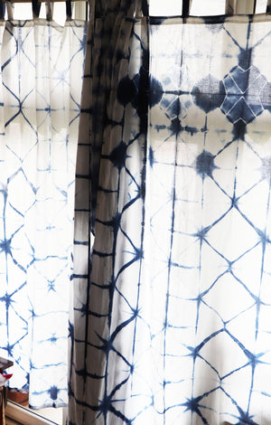 Set of Shibori Tie-Dye Mulmul Muslin Cotton Curtain/Room Divider/Sheer/Drape/Sham with Loops - Into the Blue - Faith