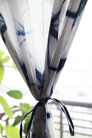 Set of Shibori Tie-Dye Mulmul Muslin Cotton Curtain/Room Divider/Sheer/Drape/Sham with Loops - Into the Blue - Faith
