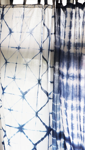 Set of Shibori Tie-Dye Mulmul Muslin Cotton Curtain/Room Divider/Sheer/Drape/Sham with Loops - Into the Blue - Faith