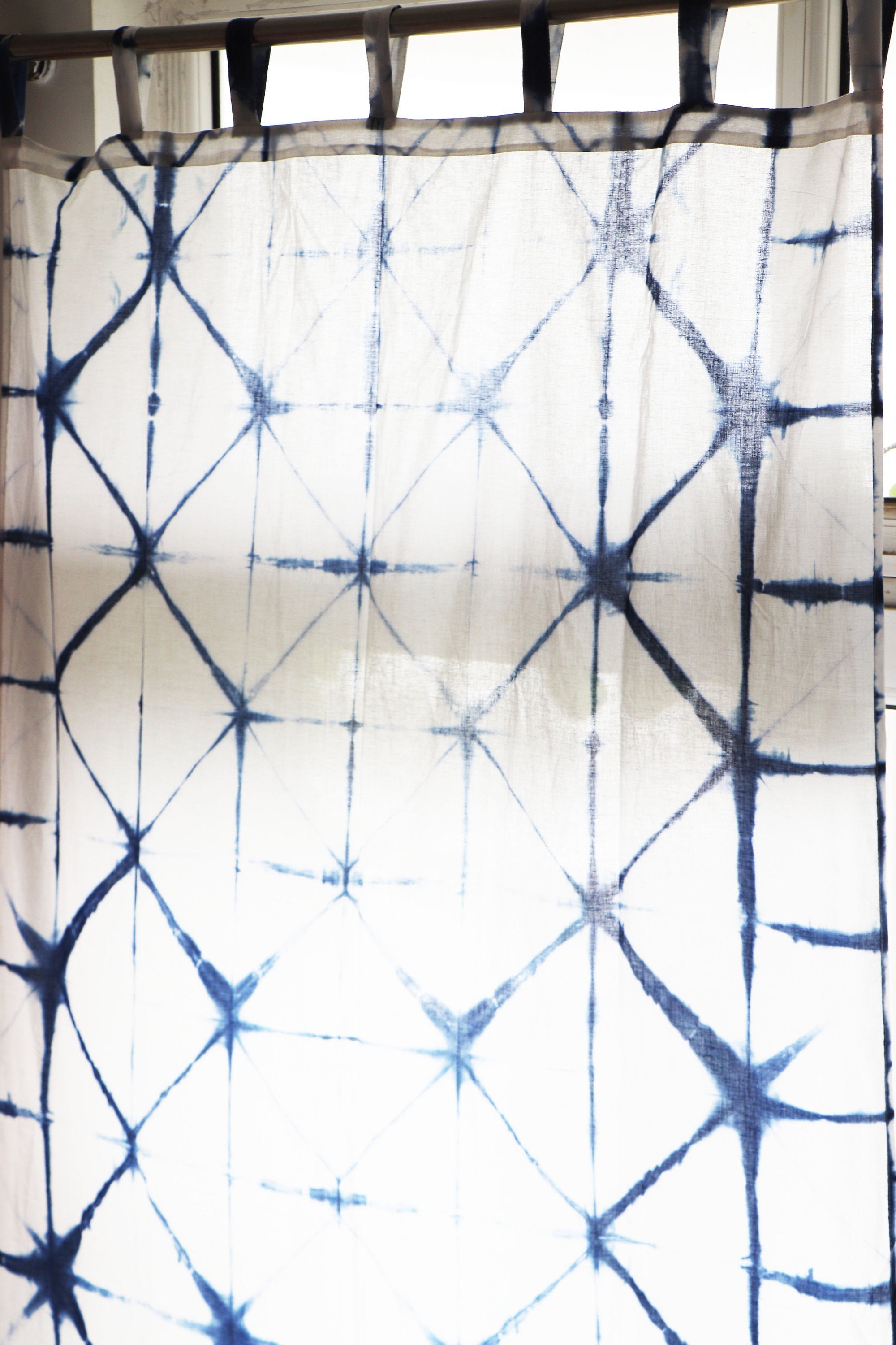 Set of Shibori Tie-Dye Mulmul Muslin Cotton Curtain/Room Divider/Sheer/Drape/Sham with Loops - Into the Blue - Faith